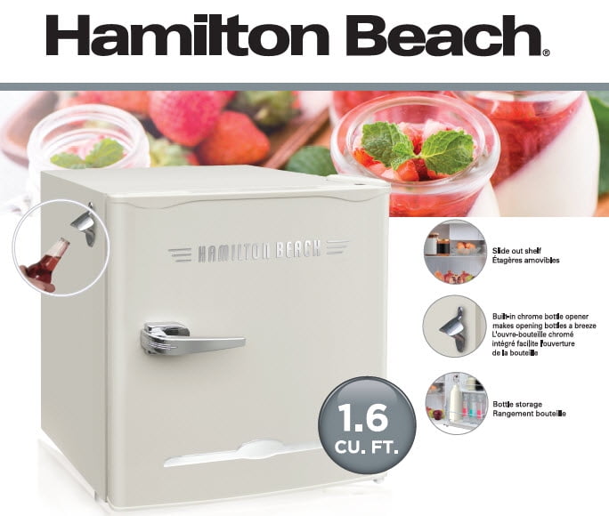 Hamilton Beach 1.6 Cu. Ft. Retro Refrigerator With Built-In Side Bottle Opener, 2 Liter Door Basket, Cream, HBF1600