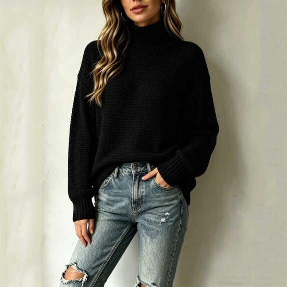 Women's Turtleneck Knit Sweaters Fall Winter Long Sleeve Loose Pullover Tops Trendy Casual Simple Comfy Outfits Black XXXL