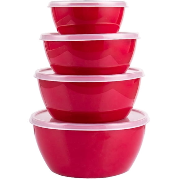 Set of 4 Pcs Plastic Mixing Bowls,Red Plastic Storage Containers with Lids for Kitchen Preparing,4 Size Food Storage Mixing Bowls for School,Home