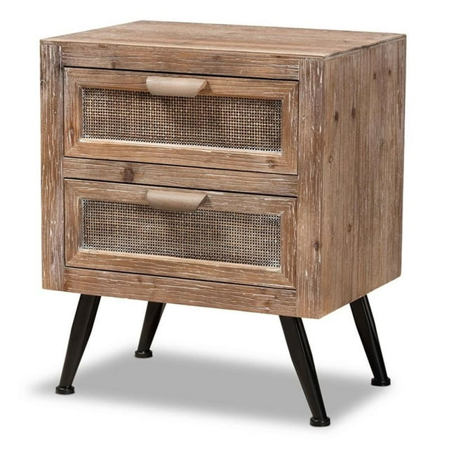 Baxton Studio Calida Whitewashed Brown Wood and Rattan 2-Drawer End Table