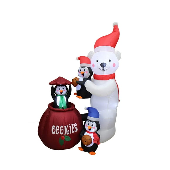 Pot à Biscuits Gonflable de Noël Animé de 6 Pieds de Haut Polar Bear et Trois Penguins avec Lumières Mignonnes, Décoration de Fête Gonflable pour Extérieur, Intérieur, Maison, Jardin, Accessoire Familial, Cour avec Mouvement