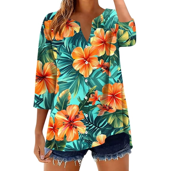 Horkkom Short Sleeve Tops for Women V Neck Floral Print Button Down Shirts Spring Summer Loose Casual Tops M