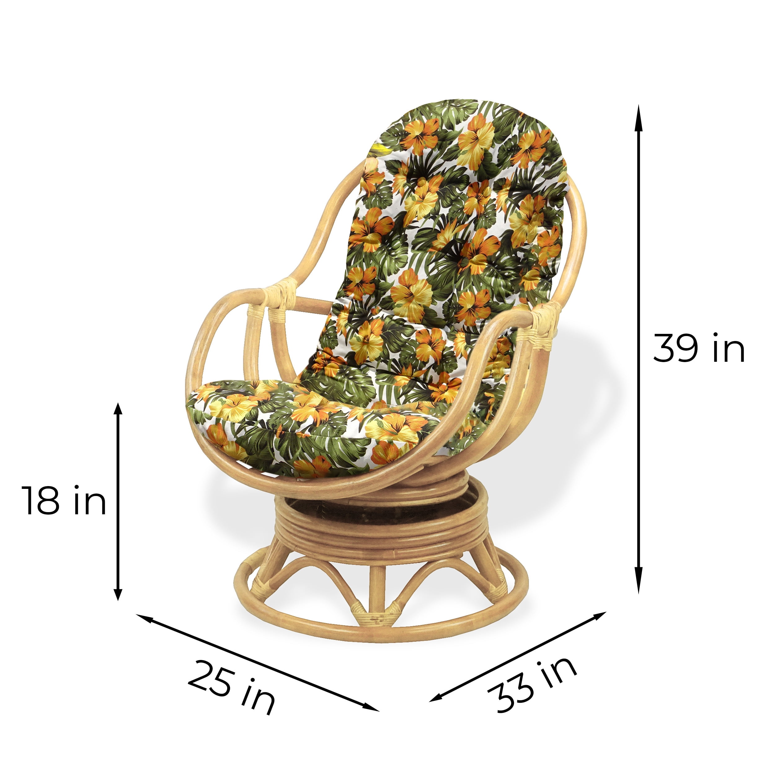 Bali Lounge Swivel Rocking Chair with Floral Cushion Natural Rattan Wicker Handmade, Natural Color