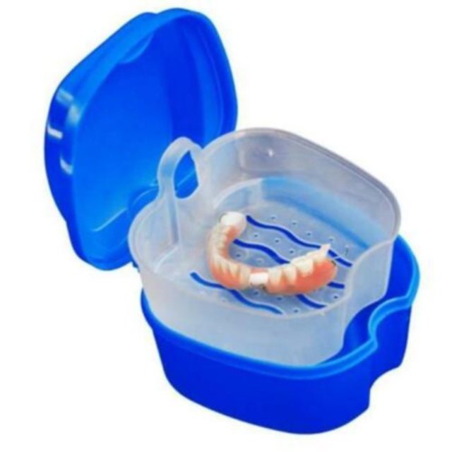 Caja de baño para dentaduras postizas, contenedor de almacenamiento con cesta de filtro para limpieza de viajes (azul), 1 unidad