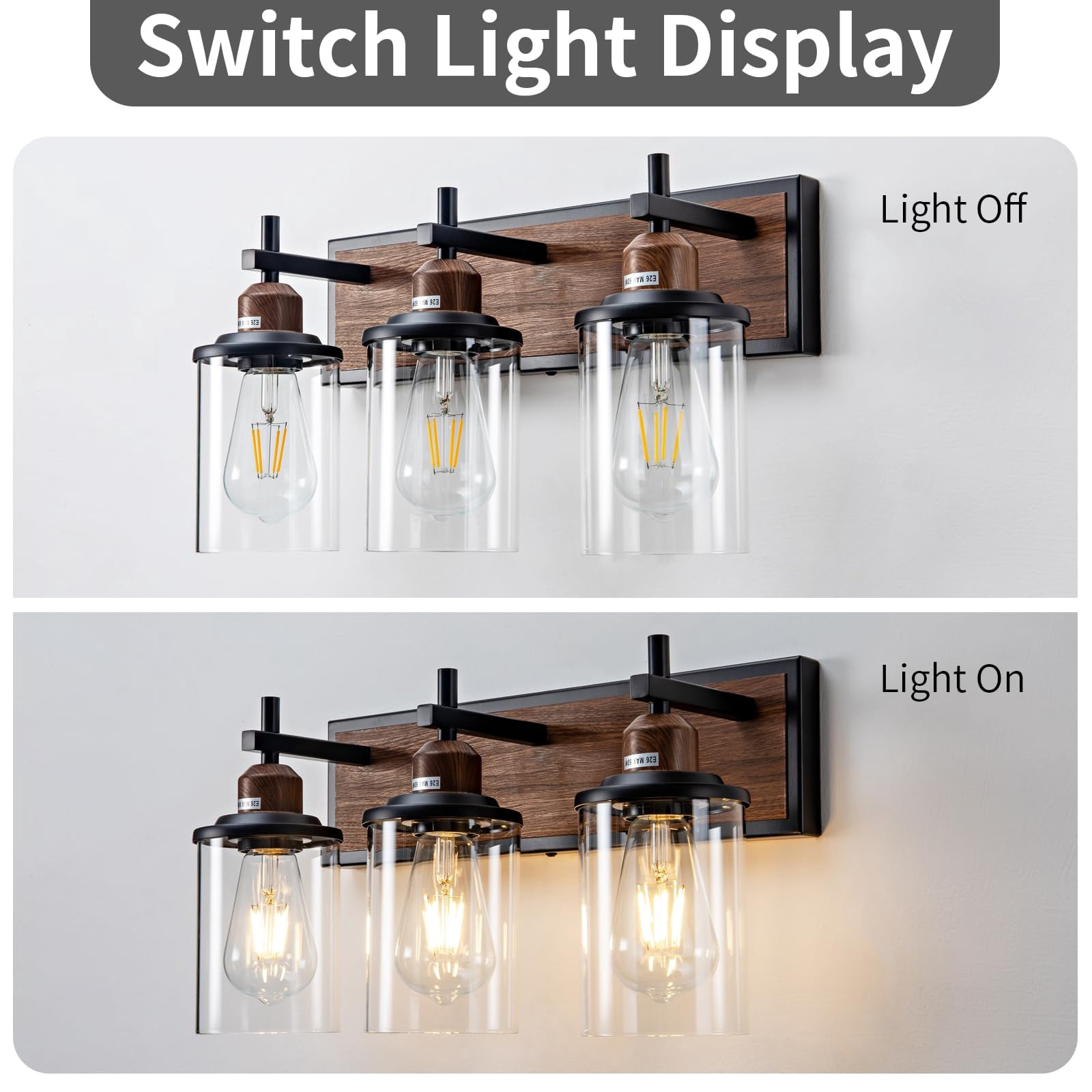 3-light Farmhouse Bathroom Light Fixtures Vintage Vanity Lights Over Mirror Black And Wood Painted Metal With Glass Shades E26 Socket