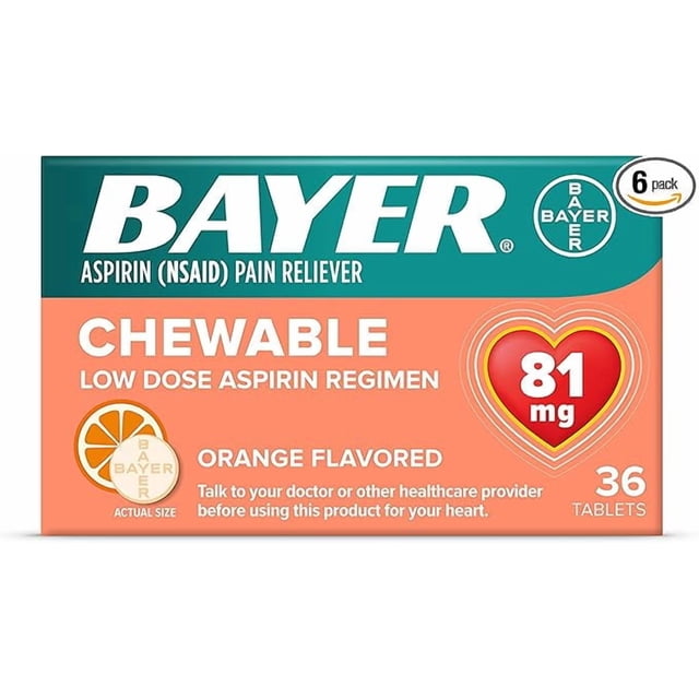 Aspirina Bayer 81mg Masticable: 216 Tabletas (6 Pack) – Sabor Naranja, Baja Dosis para Alivio de Dolor y Salud