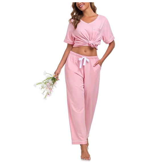 EA'S SECRET 100% Cotton Pajama Sets for Women 2 Piece Short Sleeve V Neck Loungewear Sets Lightweight Pjs with Pockets S-XXL (Pink,L)