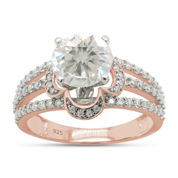 2 Carat Center 6.5MM Round Cut Lab Created Moissanite Diamond Halo Engagement Split Shank Promise Ring In 14K Rose Gold Over Sterling Silver (G-H Color, VVS1 Clarity, 2 Cttw)-4