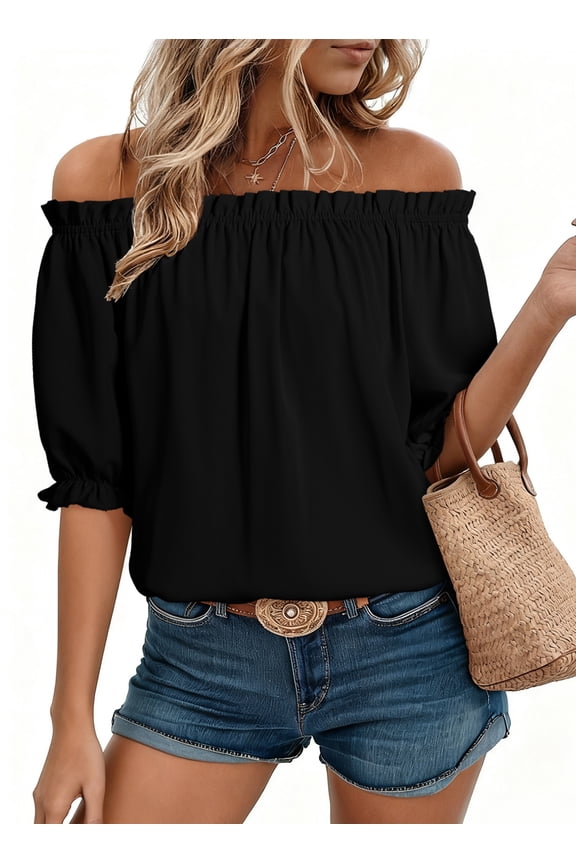 Womens Tops Summer Short Sleeve Off the Shoulder Shirts Casual Spring Cute Dressy Pleated Puff Sleeve Blouses