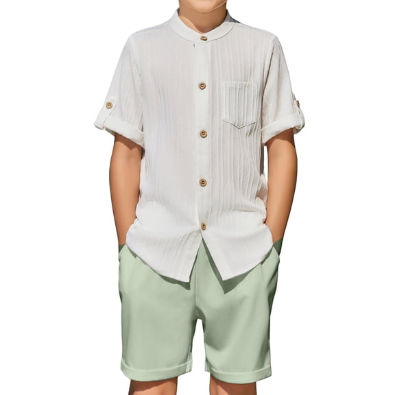 Arshiner Boy's 2 Piece Beach Outfit Short Sleeve Textured Button Down Shirt and Short Sets Summer Vacation Wear