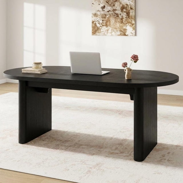 Oval 70.8 Inch Farmhouse Dining Table for 6-8 People, Double Pedestal Kitchen Table with Thick Wood Build, Modern Rustic Dinner Furniture for Home Apartment Reception Room