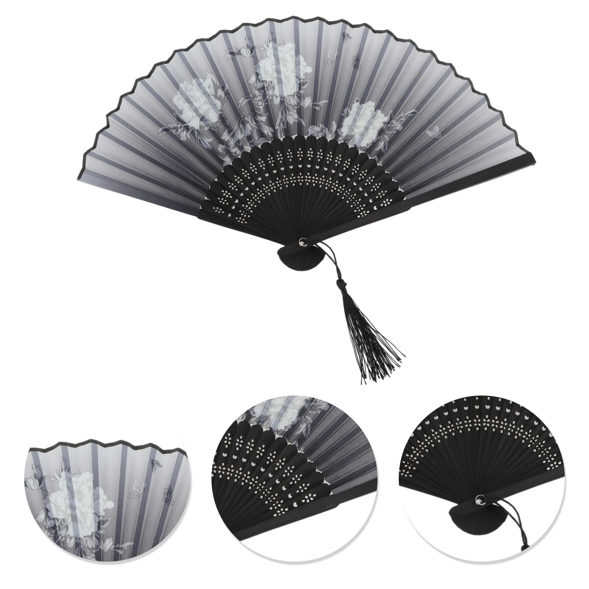 Unique Bargains Ancient Style Folding Fan 1Pc Gray [Blooming Peonies Prosperity Design]