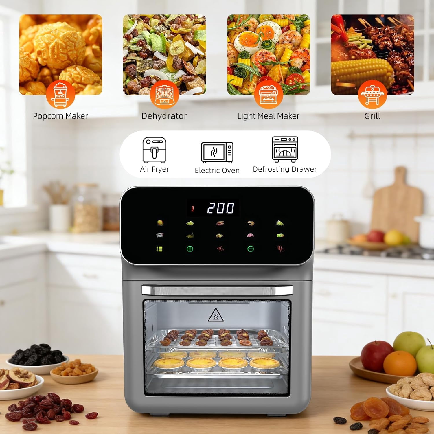 Air fryer desktop convection oven, transparent door and glass window; Timer function, controlled by digital LED touch screen with automatic shutdown function, air fryer with 10 liter capacity for oil
