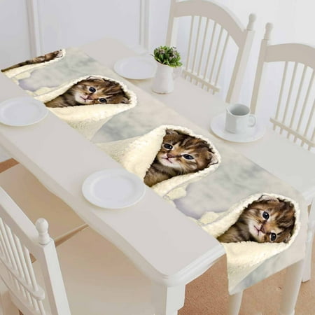 

PKQWTM Kitten Closed In Towel Warm Sleepy Small White Cotton and Linen Table Runner Kitchen Dining Room Supplies Size 14x72 Inch