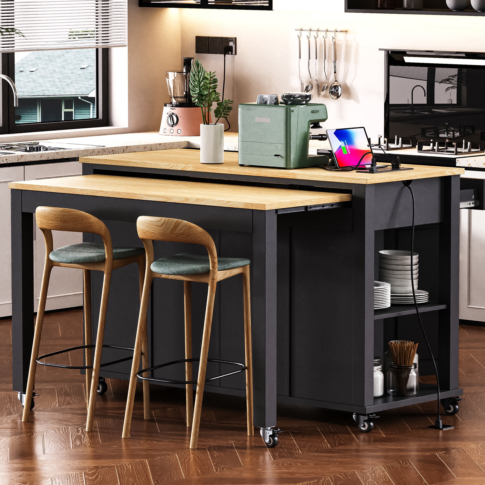 Leumius 47 In Kitchen Island with Extendable Dining Table, Rubber Wood Veneer Kitchen Table with Internal Storage Rack, Power Outlet, Kitchen Island with Storage 2 Drawers 2 Cabinet,Black