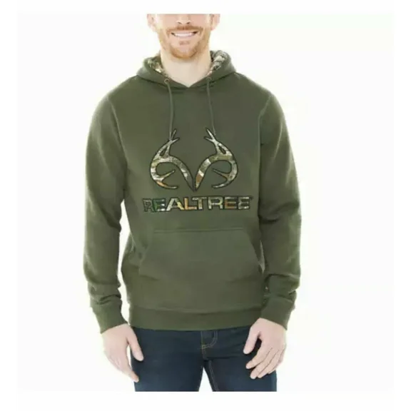 Realtree Men's Logo Cotton Blend Fleece Pullover Hoodie Sweater (Green, Medium)