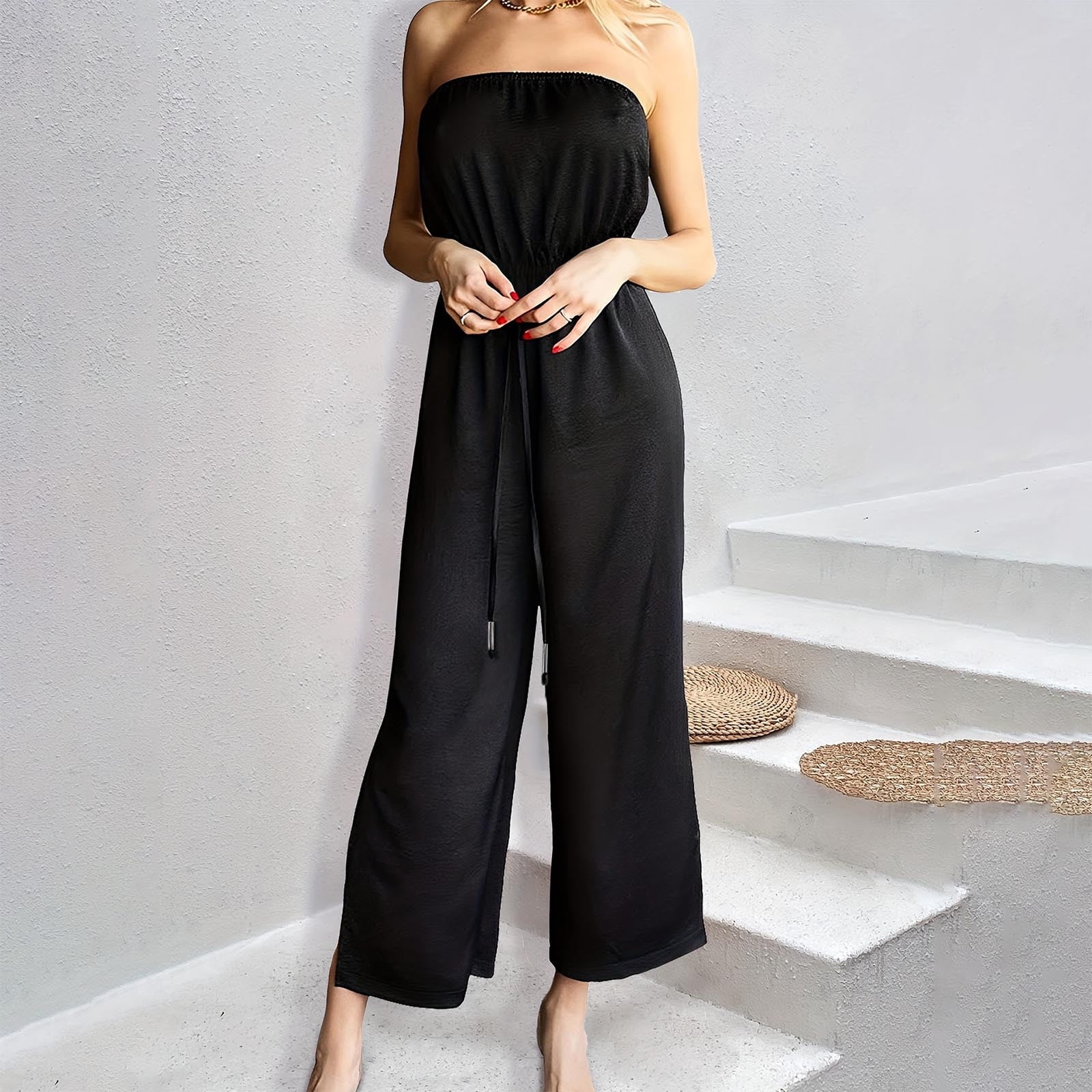 Fall Saving Kcavykas Back to School Season Canada Day Womens Casual Solid Elastic Waist Wide Leg Jumpsuit Rompers Walmart