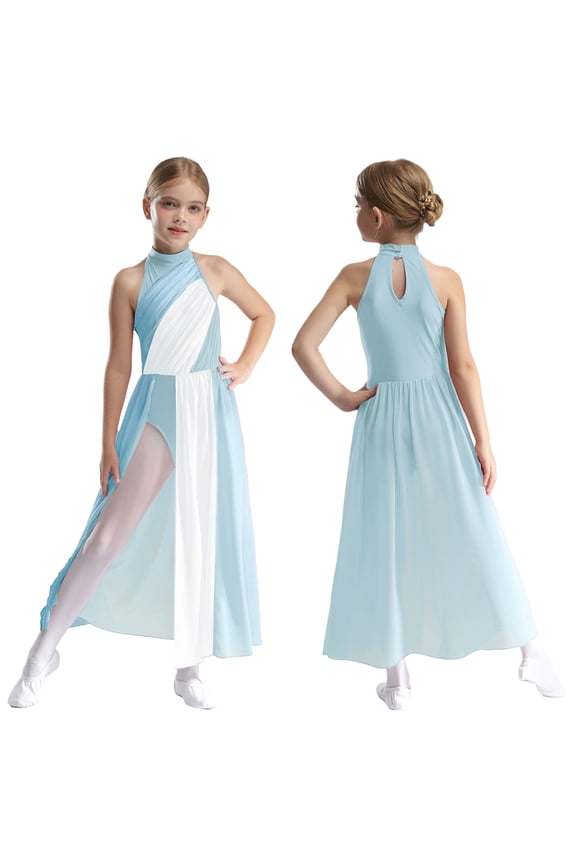 Kids Girls Sleeveless Halter Neck Modern Lyrical Ballet Dance Color Block Leotard Dress Dancewear Light Blue 8