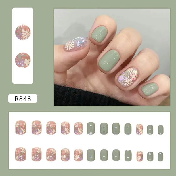 Heallor-esmalte de uñas postizas artificiales, 24 piezas, con pegamento, cobertura completa, herramientas de manicura