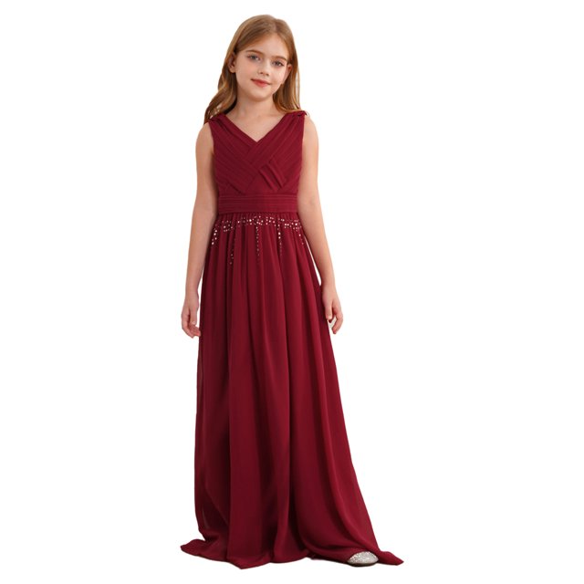 Kaerm Robe Longue Sans Manches en Mousseline Froncée Perlée pour Demoiselle d'Honneur Junior, Robe Maxi de Fille d'Honneur, Robe de Fête, Robe de Bal, Bourgogne 10