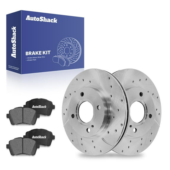 AutoShack 10.15" (257.9 mm) Front Vented Drilled & Slotted Brake Rotors Coated   Ceramic Brake Pads | Replacement for 2011-2019 Ford Fiesta | Silver Zinc Coated | 6-PC Brake Kit | SilverShield Pro