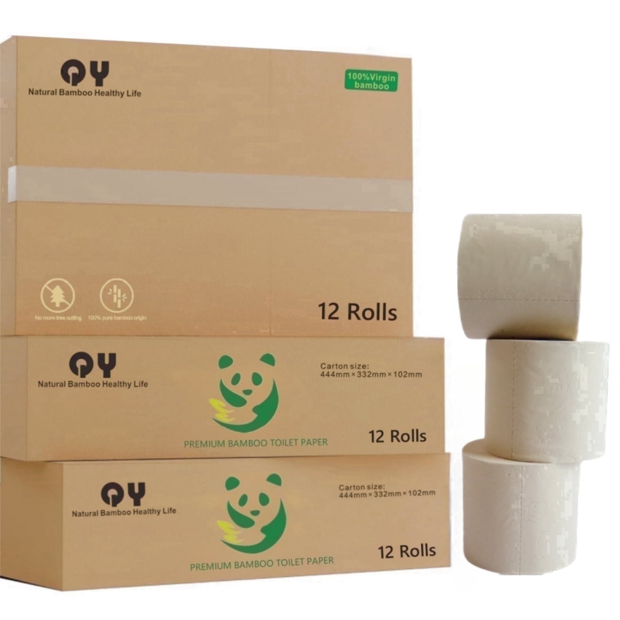 QingYa Premium Bamboo Toilet Paper, 3 Ply Toilets Paper, Unbleached and Absorbent, Bathroom Tissue Rolls, 12 Mega Rolls, 300 Sheets per Roll