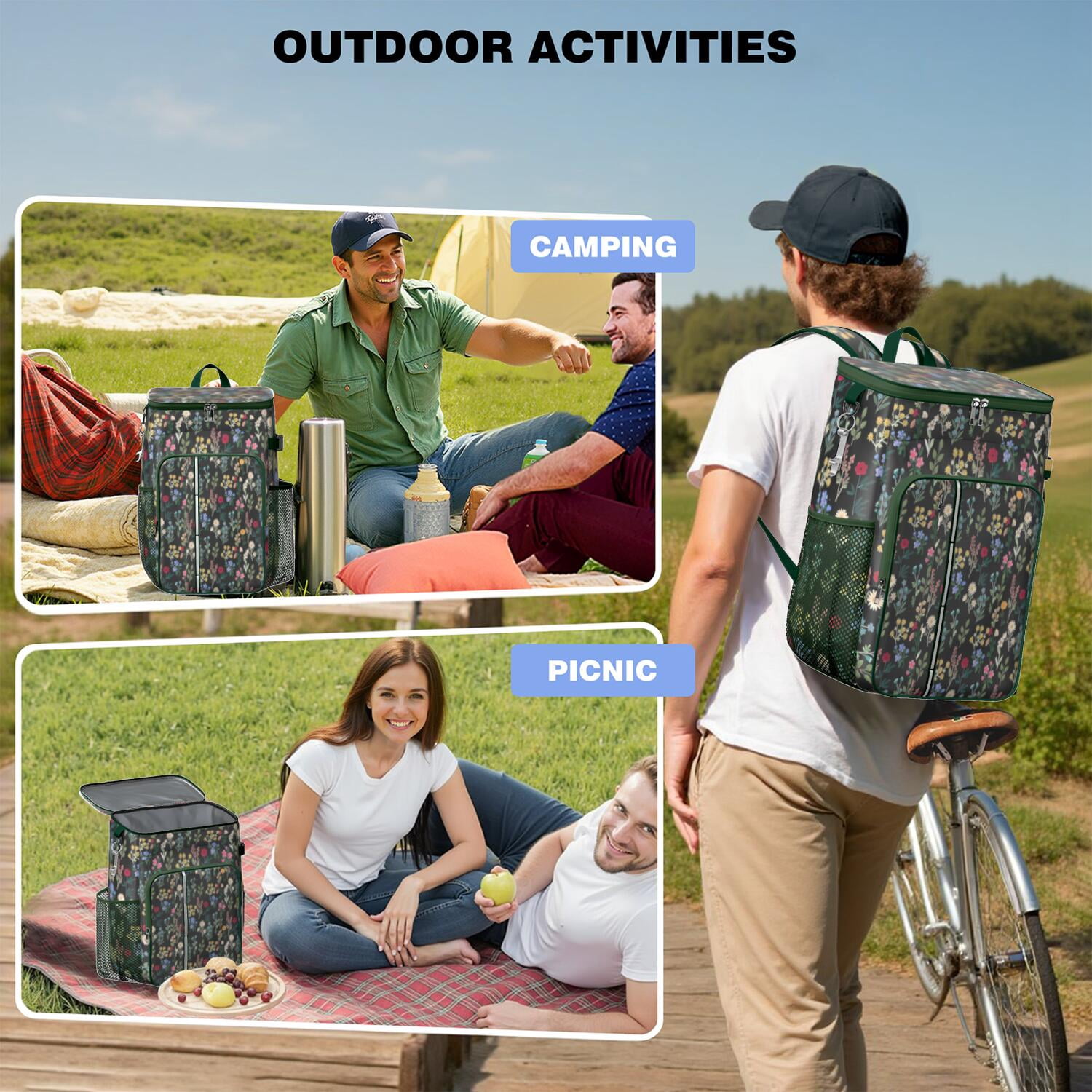 Travel Cooler Bag - Pioneer Flower Floral Print Pattern Camping Beer Cooler Backpack with Bottle Opener- Waterproof Insulated Picnic Backpacks - Cooler Bag for Beach