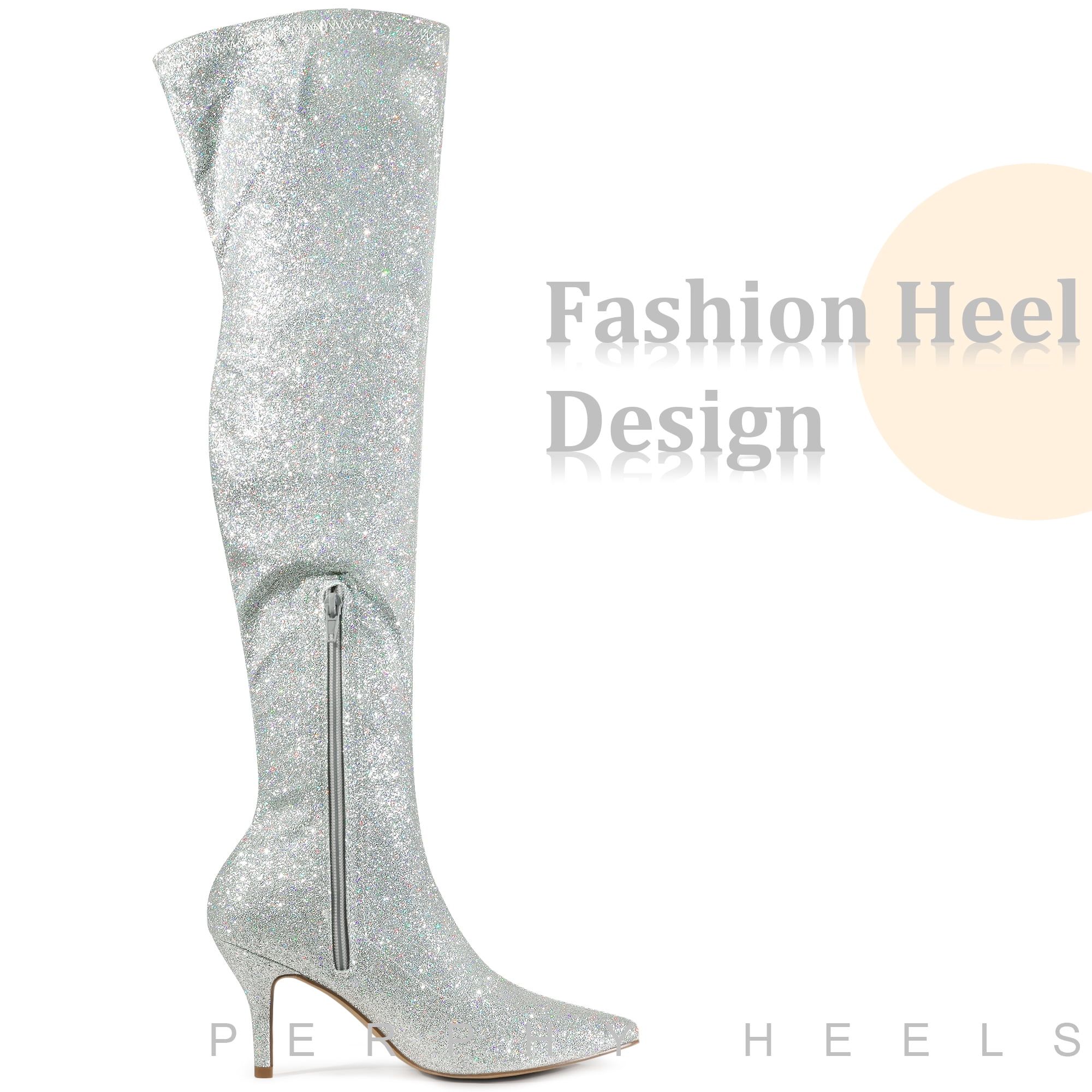 Unique Bargains Glitter Pointed Toe Stiletto Heels Over the Knee Boots for Women