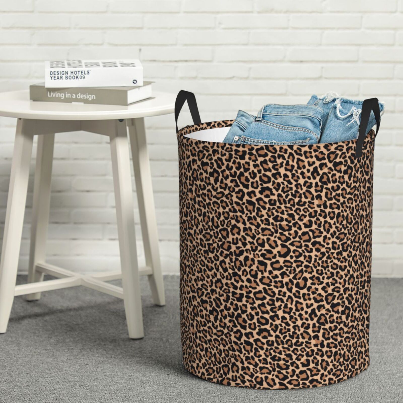 Rateoe Brown Leopard Pattern Round Laundry Hamper Basket, Tall Hamper Basket for Blanket Storage, Nursery Clothes Hamper for Laundry in Bedroom and College Dorm-Medium