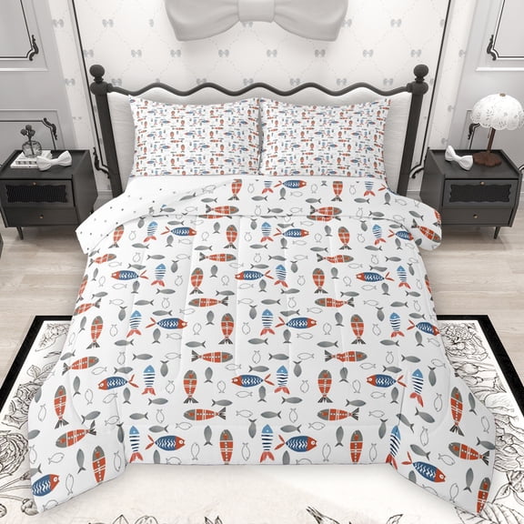 Homewish Rustic Bohemain Fish Bedding Comforter Set,Country Farmhouse Cabin Twin Comforter Sets,White Orange Bedding Set For Boys Kids,Breathable Home Decor Reversible,2 Pieces