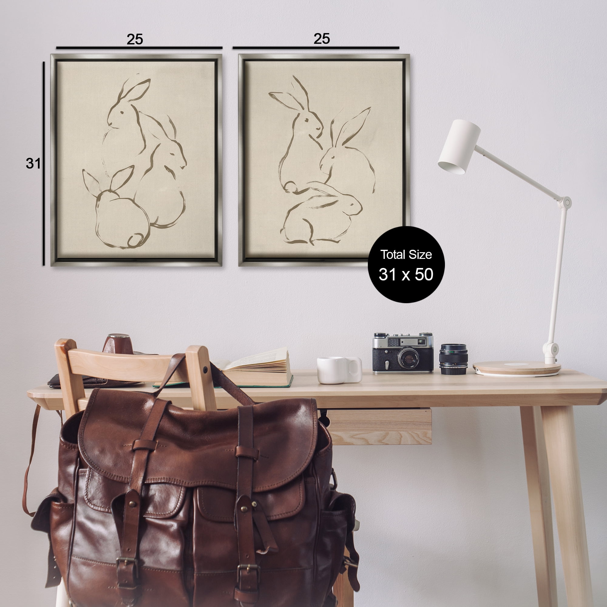 Stupell Industries Earthtone Sitting Rabbits Sketch Animals Drawing Gray Floater Framed Canvas Art Print Wall Art, 31 x 25, Set of 2