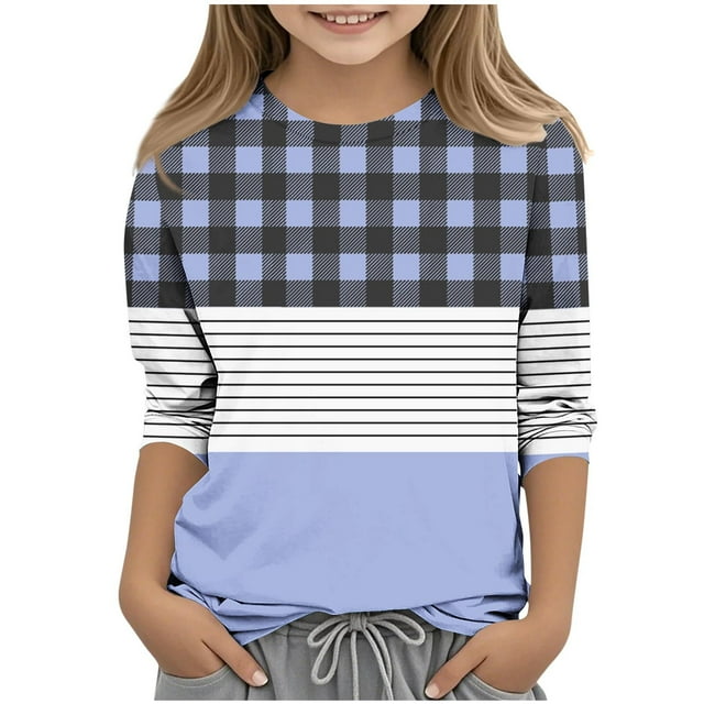 Floleo Chemise à Carreaux Rayée à Manches 3/4 pour Garçons et Filles – Chandail Léger à Col Rond pour le Printemps et l'Automne, Imprimé Décontracté, Superposition (Bleu, 11 Ans)