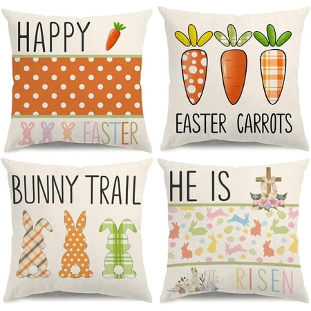Easter Pillow Covers 18×18 Happy Easter Decorations Easter Carrots Bunny Throw Pillow Covers Polka Dots Farmhouse Spring Cushion Case for Sofa Couch Set of 4
