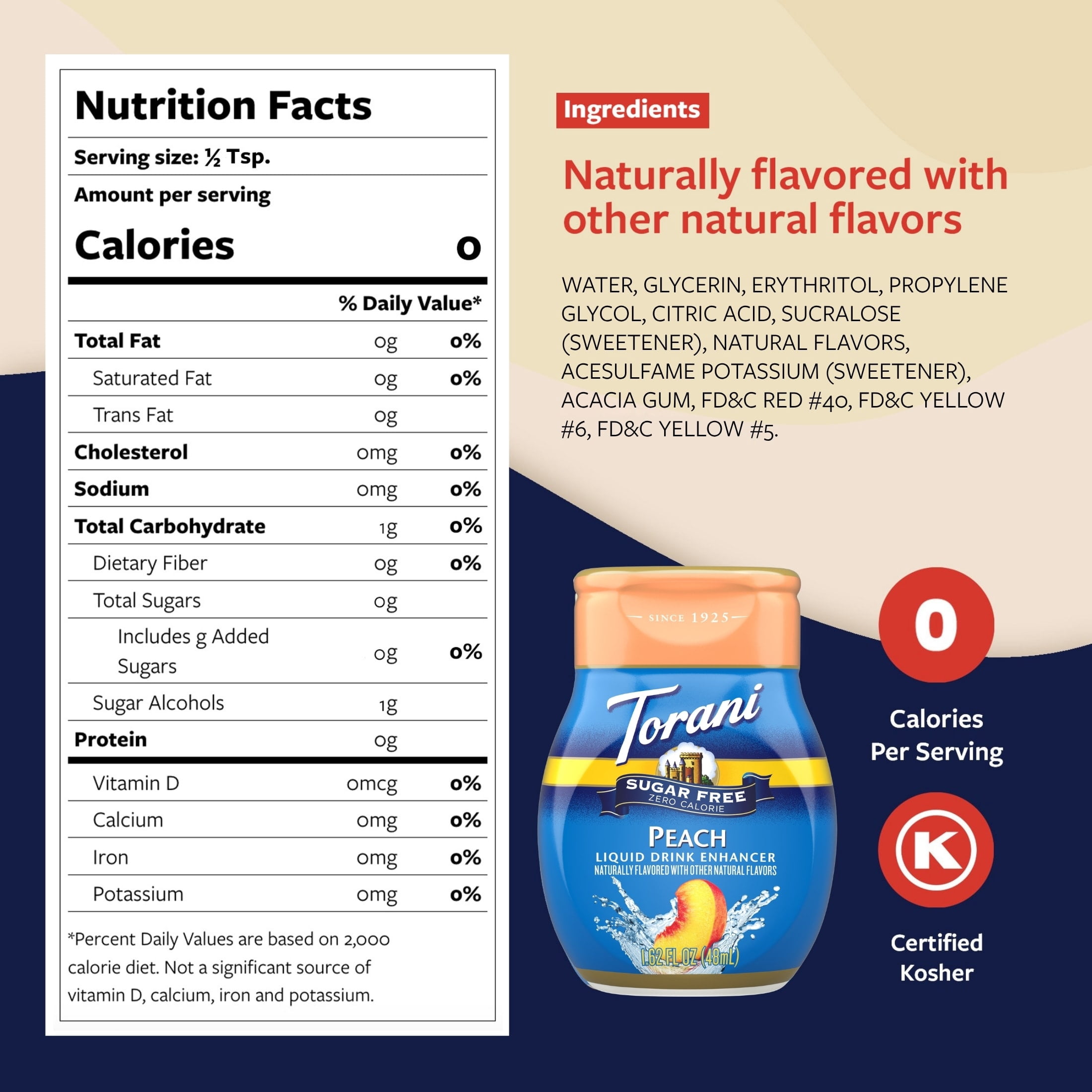 (12 pack) Torani Sugar Free Peach Liquid Drink Enhancer, 1.62 fl oz