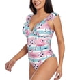 thumbnail image 3 of Fotbe Pink Striped Flamingo Women's Tummy Control Swimsuits Slimming One Piece Bathing Suit Ruffle Wrap V Neck Swimwear-, 3 of 8