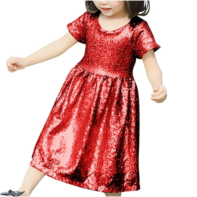 ameIAEA Robe à Sequins pour Filles Manches Courtes Col Rond Robes de Fête Scintillantes 3-8 Ans