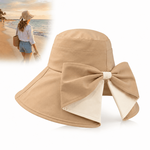 Women's Bowknot Wide Brim Sun Hat, 100% Polyester Foldable Summer Beach Hat, Beige, for Beach Travel Vacation Outdoor