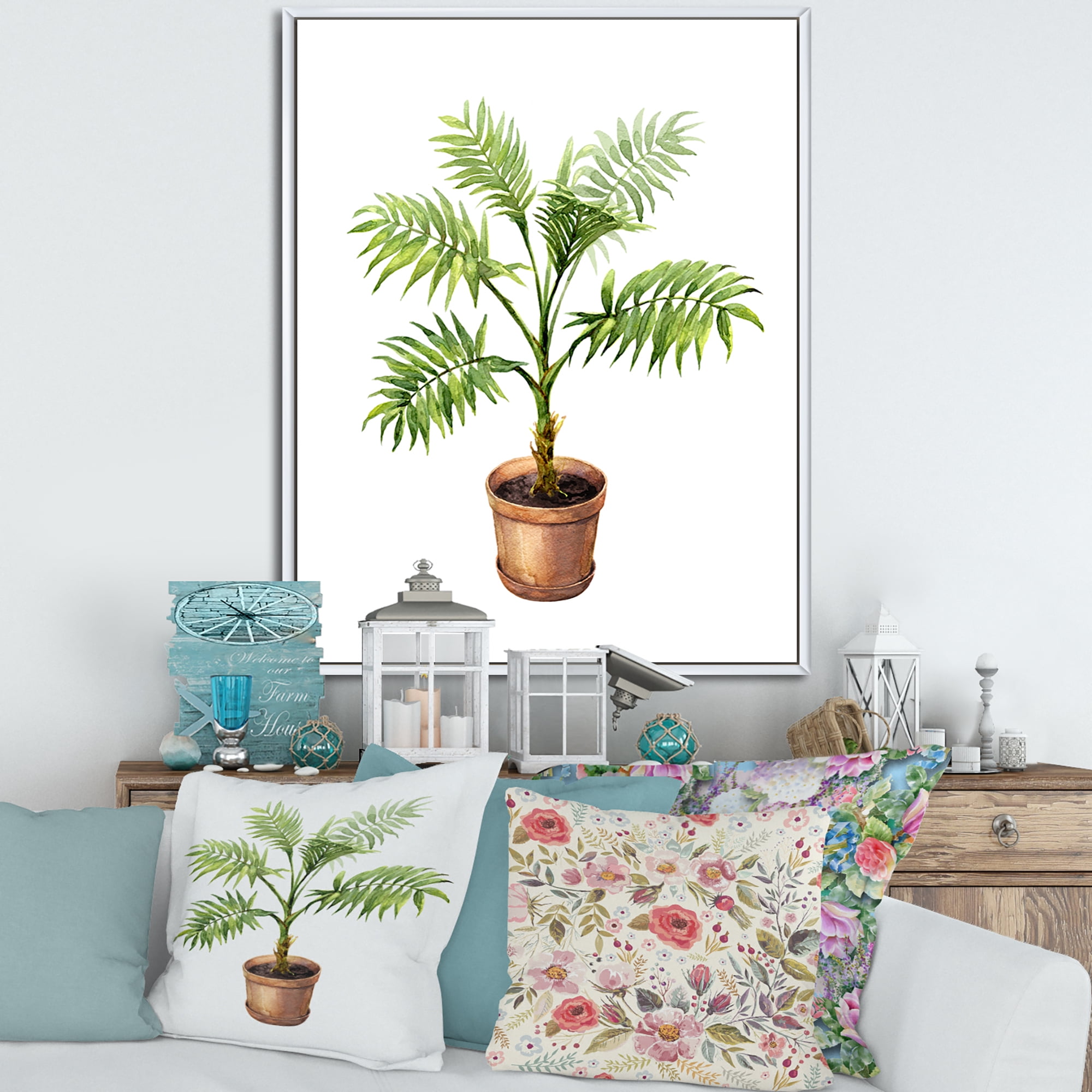 Designart 'Palm Plant In Clay Flowerpot' Traditional Framed Canvas Wall Art Print