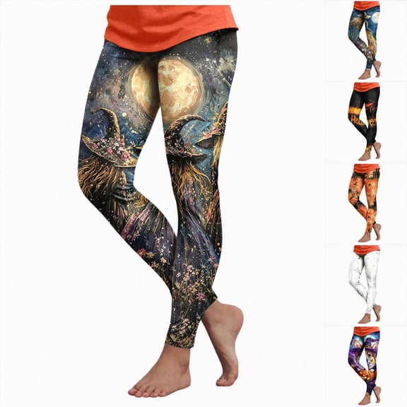 COMVALUE Women's Halloween Pumpkin Skulls Printed Ankle Elastic Tights Legging Halloween White Size M
