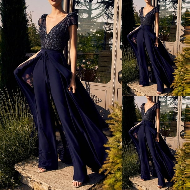 Formal Jumpsuits for Women Elegant Sequin Chiffon Flowy Evening