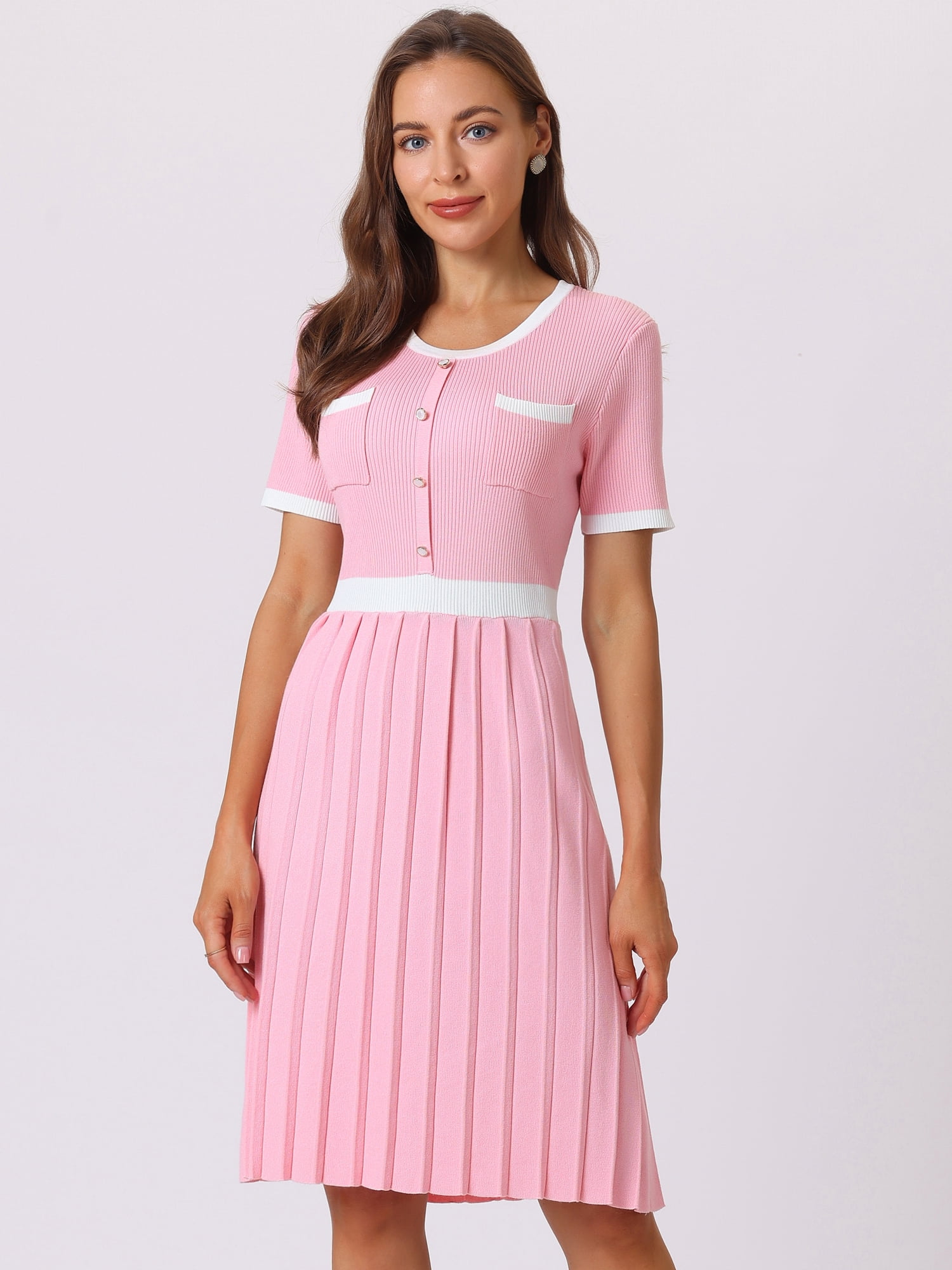 DARING DIVA Women's Pleated Short Sleeve Contrast Color Dresses M Pink