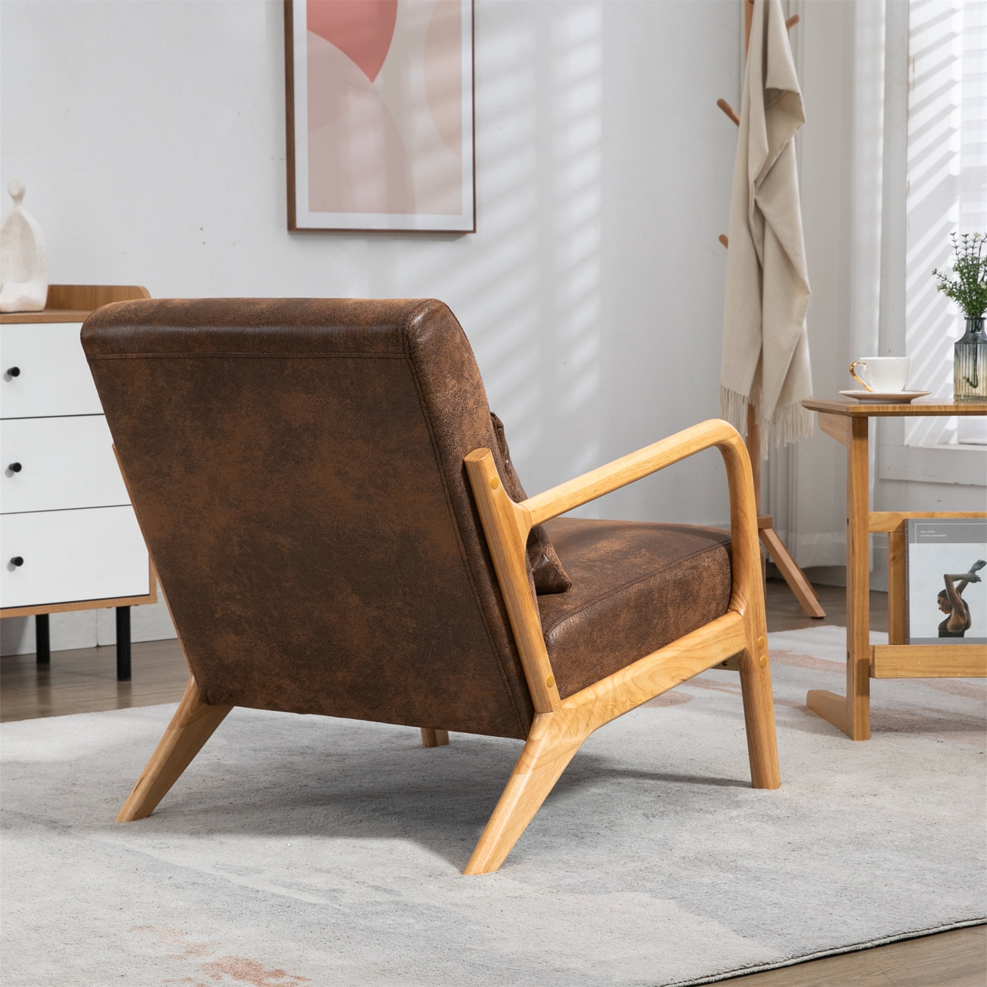 Aukfa Mid Century Modern Accent Chair w/ Lumbar Pillow for Living Room, Wood Frame, Leather, Brown