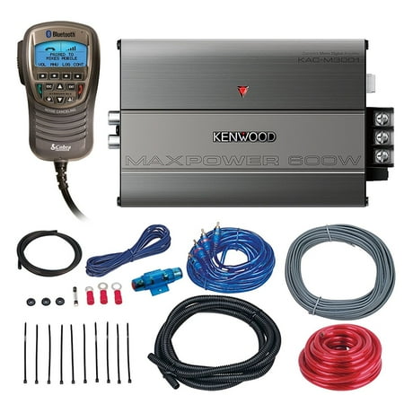 Digital Drum Amplifier - Kenwood KAC-M3001 Compact 600w Car ATV Marine Boat Monoblock Digital Subwoofer Amplifier Bundle Combo With Boss KIT2 Complete 8 Gauge Amp Wiring Installation Kit + Cobra Waterproof Bluetooth Headset