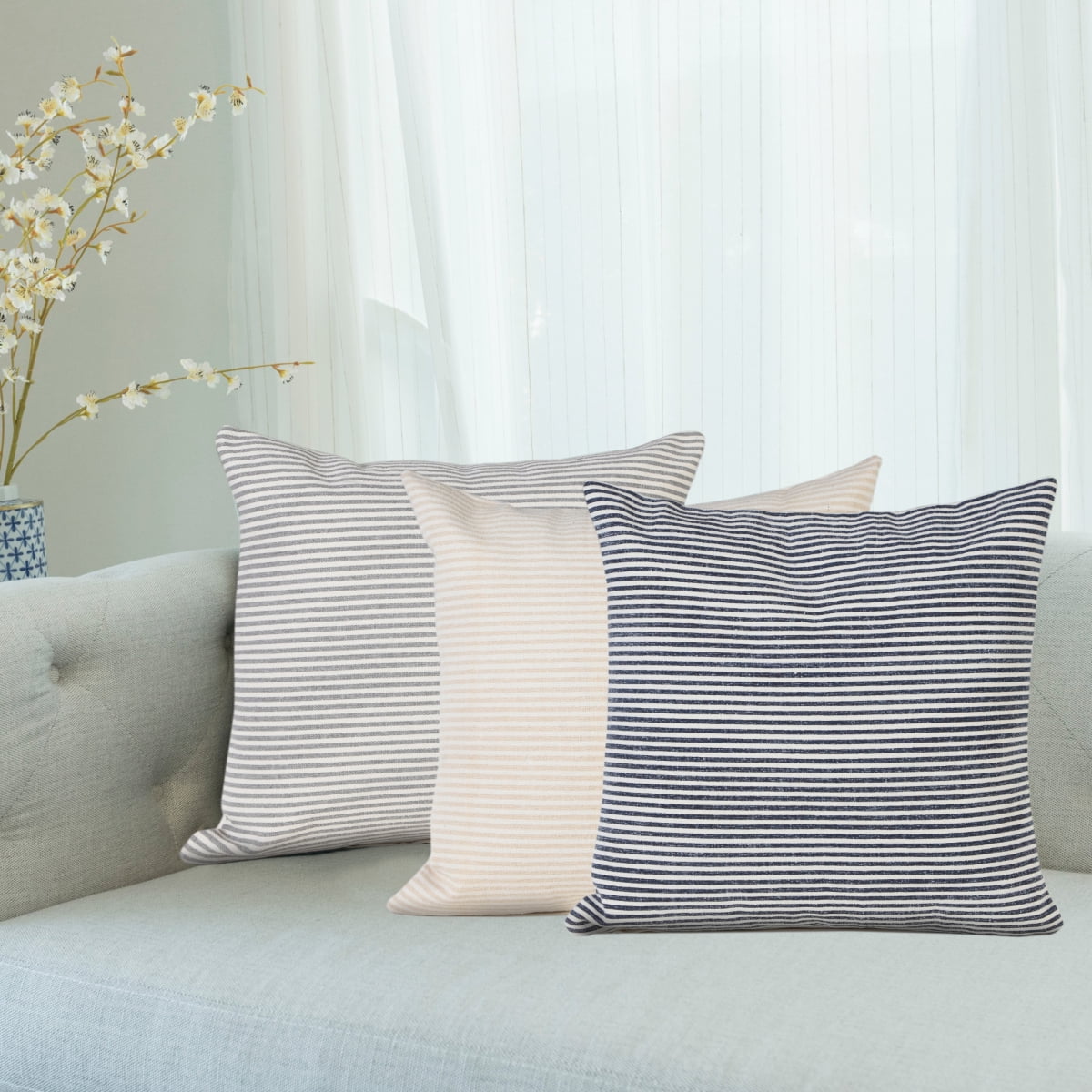 Ox Bay Hampton Set of 2 Striped 20" x 20" Beige/White Cotton Adult Decorative Throw Pillows