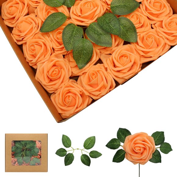 Artificial Flowers 50Pcs Orange Roses Real Looking Foam Fake Roses with Leaves for DIY Wedding Bouquets Bridal Shower Centerpieces Party Decorations (Orange, 50)