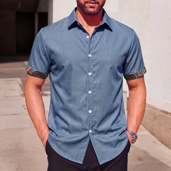 COSFO Short Sleeve Men Button Down Shirt Casual Beach Blue Shirt Summer Collared Relaxed Fit Men Shirts L