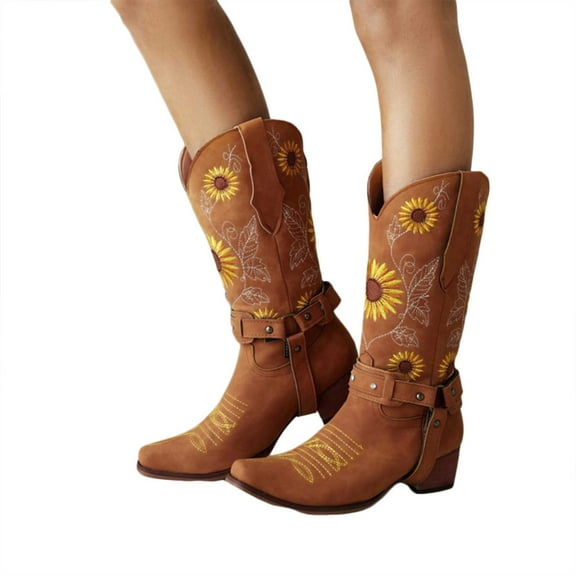 Womens Sunflower Wide Mid Calf Cowboy Boots Brown Leather Flower Embroidered Casual Fall Tall Cowgirl Boots
