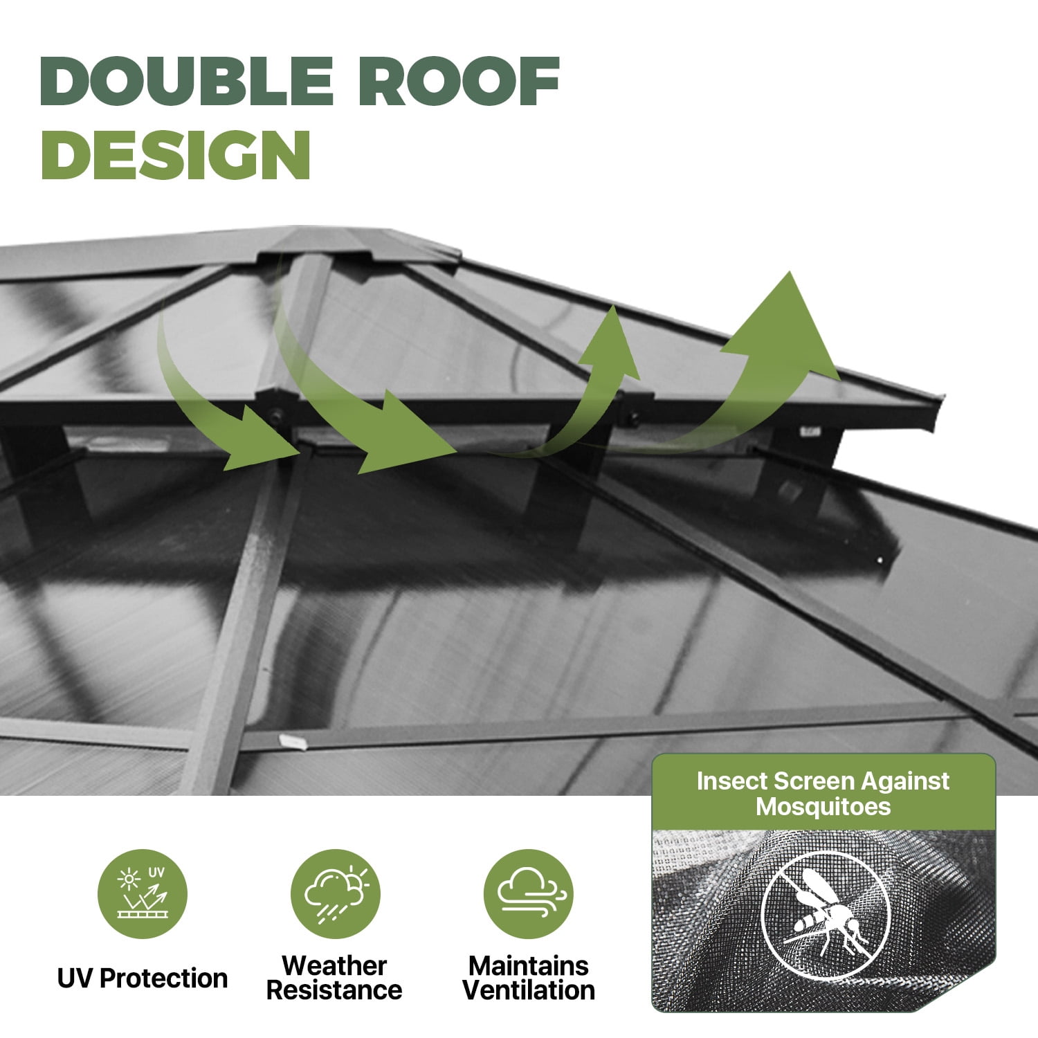 BaPiPro 20x12 FT Outdoor Gazebo, Double Roof Polycarbonate Hardtop, Iron Frame, Black & Gray, UV Protected, Weather Resistant, for Patio Backyard Deck Lawn