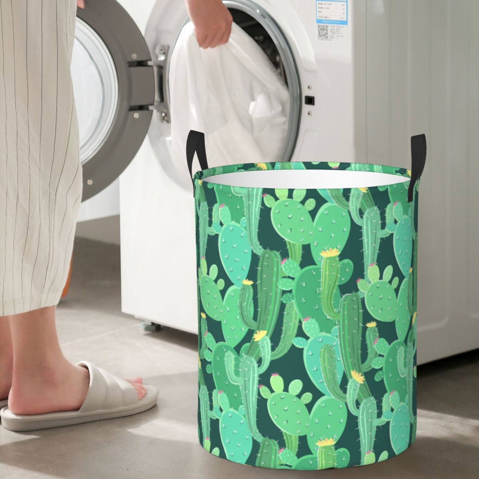 Large Laundry Basket with Handles - Cactus green Pattern Kids Baby Dirty Clothes Laundry Hamper for Bedroom Aesthetic