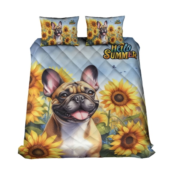French Bulldog Hello Summer Sunshine Sunflowers Spring Retro Vintage Quilt Bedding Set Dog Lover Gifts 1 Blanket Bed Cover 2 Pillowcases - 00008